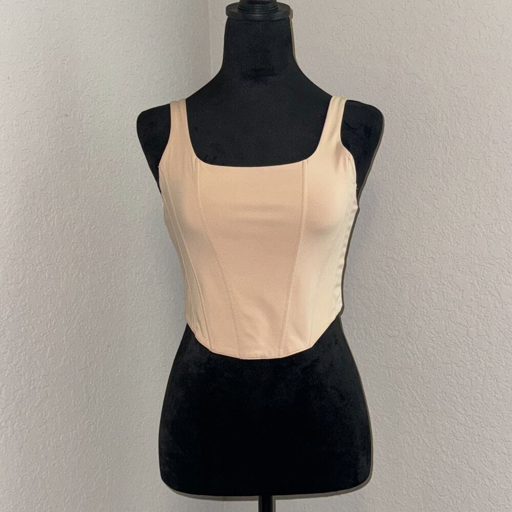 Reoria Sleeveless Bustier Crop Tank Top Women's Medium Beige Adjustable Straps